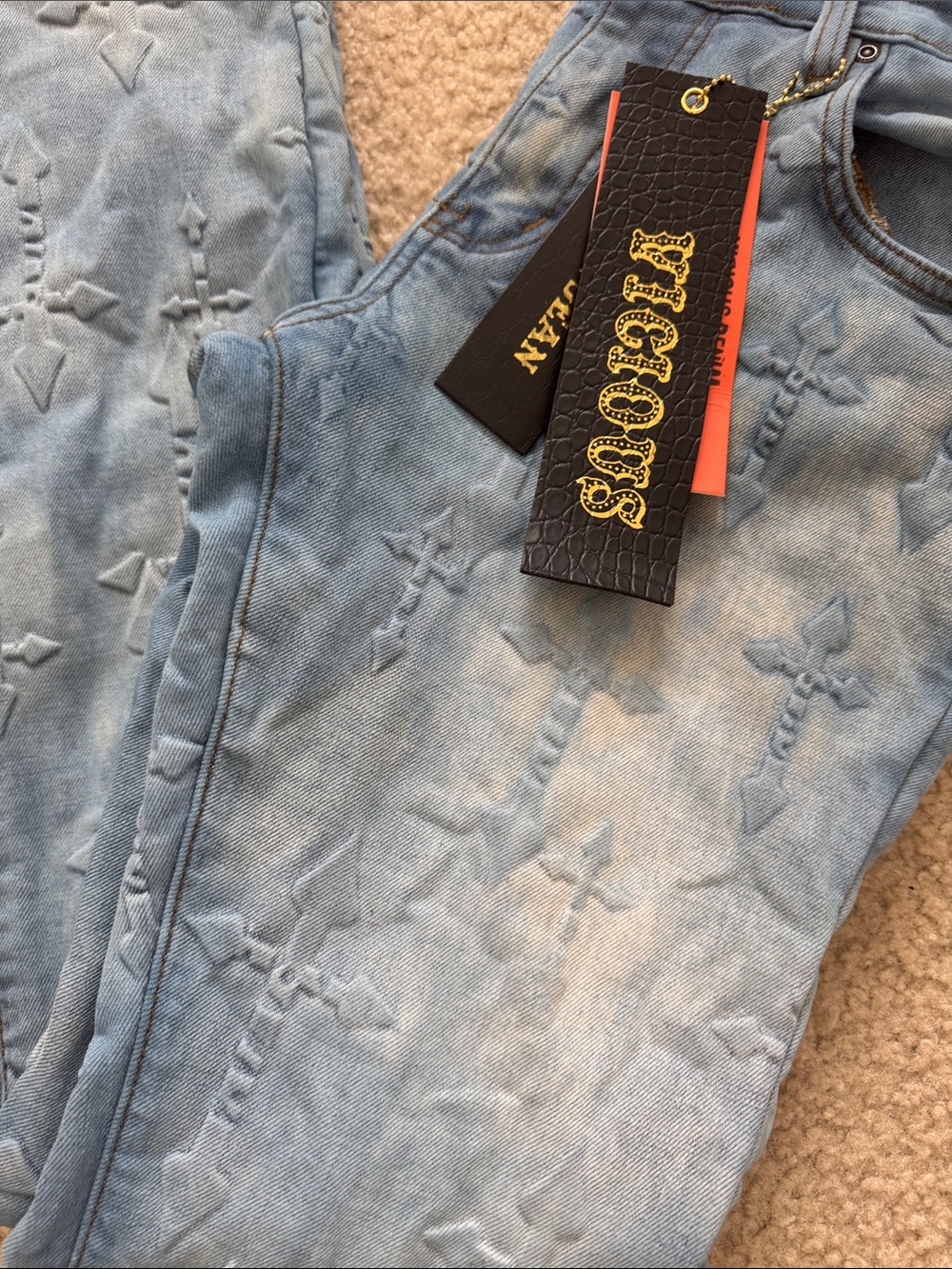 Slim Straight Light Blue Men’s Jeans with Embossed cross Pattern